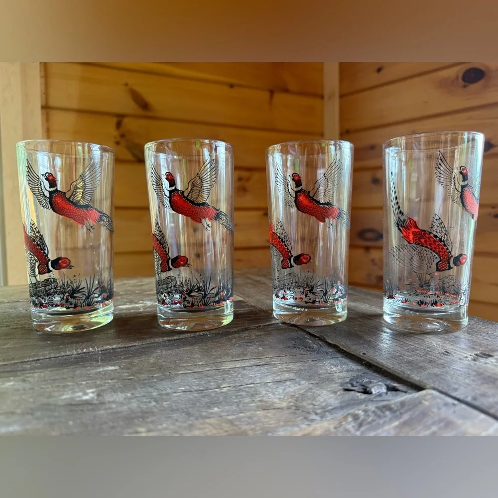 MCM Vintage Pheasant Glass Tumbler set 4 - Red Flying Bird Design